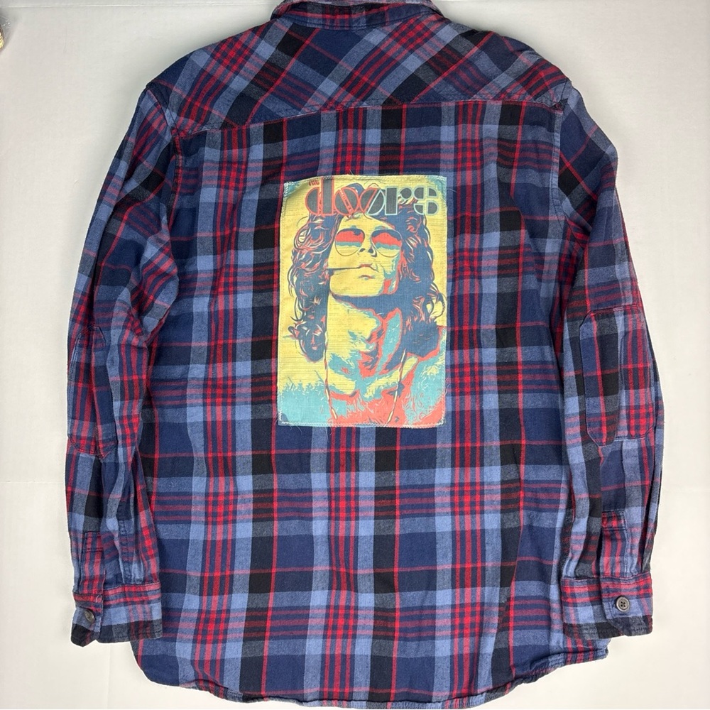 Upcycled The Doors Jim Morrison XL Flannel Shirt Plaid Red Blue Button Up Rock
